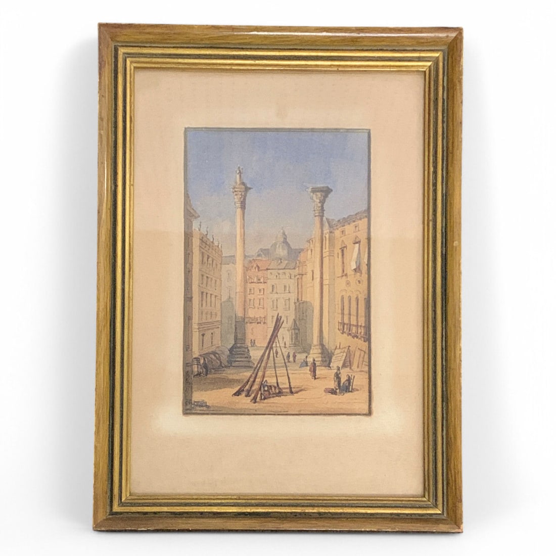 Framed Watercolor City Square: Signed Lower Left. Framed And Under Glass: 11.25" X 8.25".