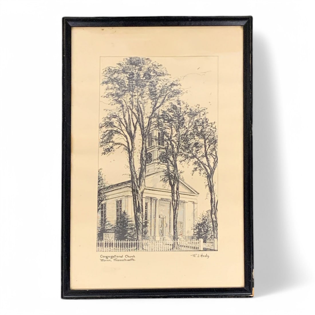 M. J. Healy Engraving, Congregational Church: Marion, Massachusetts. Framed And Under Glass: 15.75" X 10.75".
