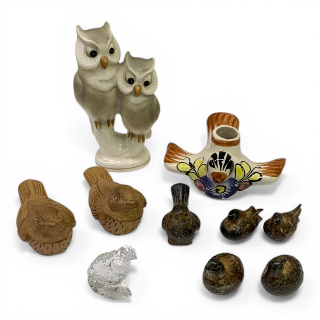 Group Of Misc. Bird Figurines: Japan Ceramic 6.25" Tall Owl, Pair Of Hallmark Birds, Decorative Birds, 2" Waterford Bird, See Photos.