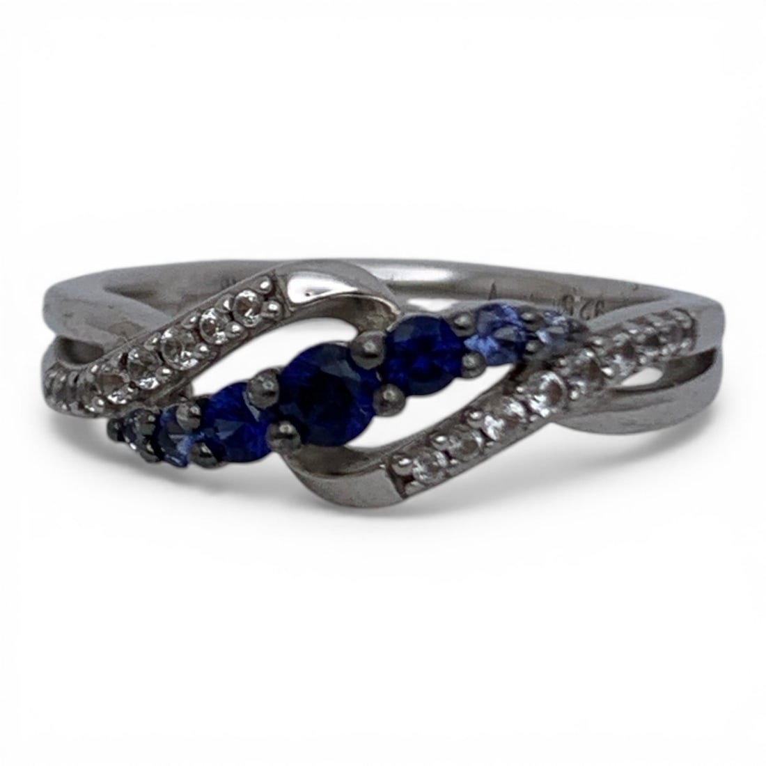 Sterling Silver Ring With Blue & Clear Stones: Marked 925 - Size 6.5 - 2.9 Grams