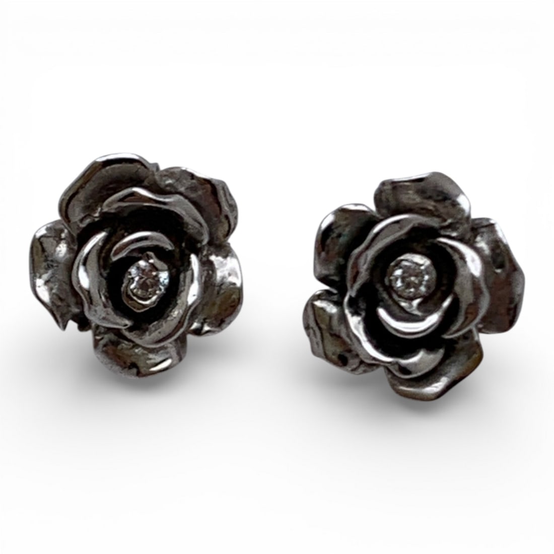 14k White Gold & Diamond Rose Earrings: Marked 14k - 3/8" Long - 2.2 DwtGemstones Tested With Presidium Gem Tester Il - Berners Does Not Guarantee Authenticity Of Gemstones