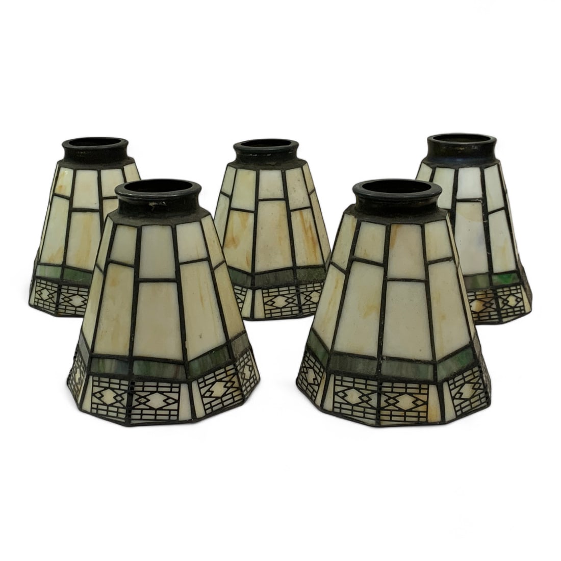 Group Of 5 Leaded Glass Lamp Shades: 5.75" Tall.
