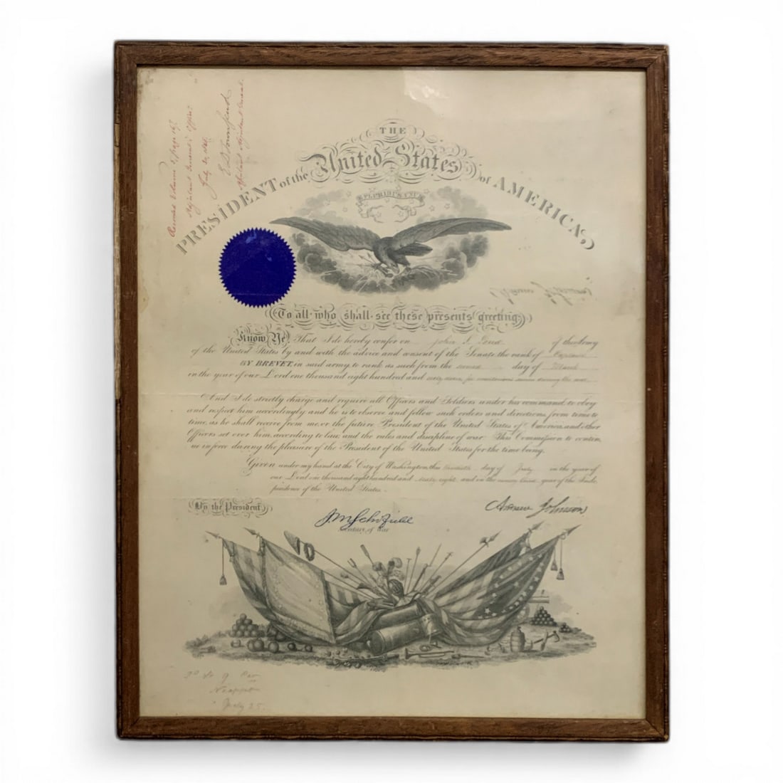 1867 Andrew Johnson Framed Presidential Document: Framed And Under Glass: 20.5" X 17".
