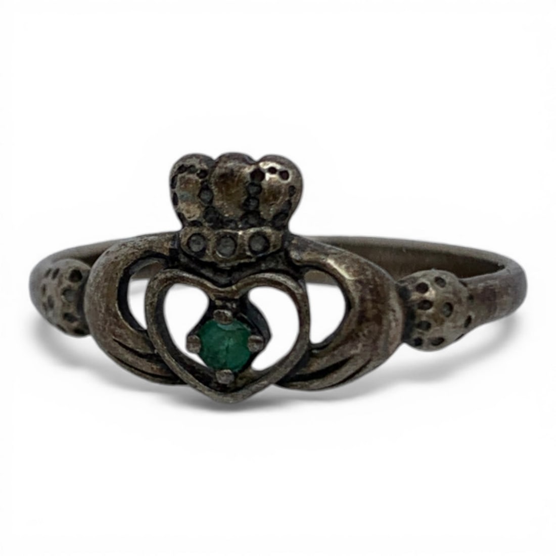Sterling Silver & Emerald Claddagh Ring: Marked 925 - Size 9 - 2.0 Grams