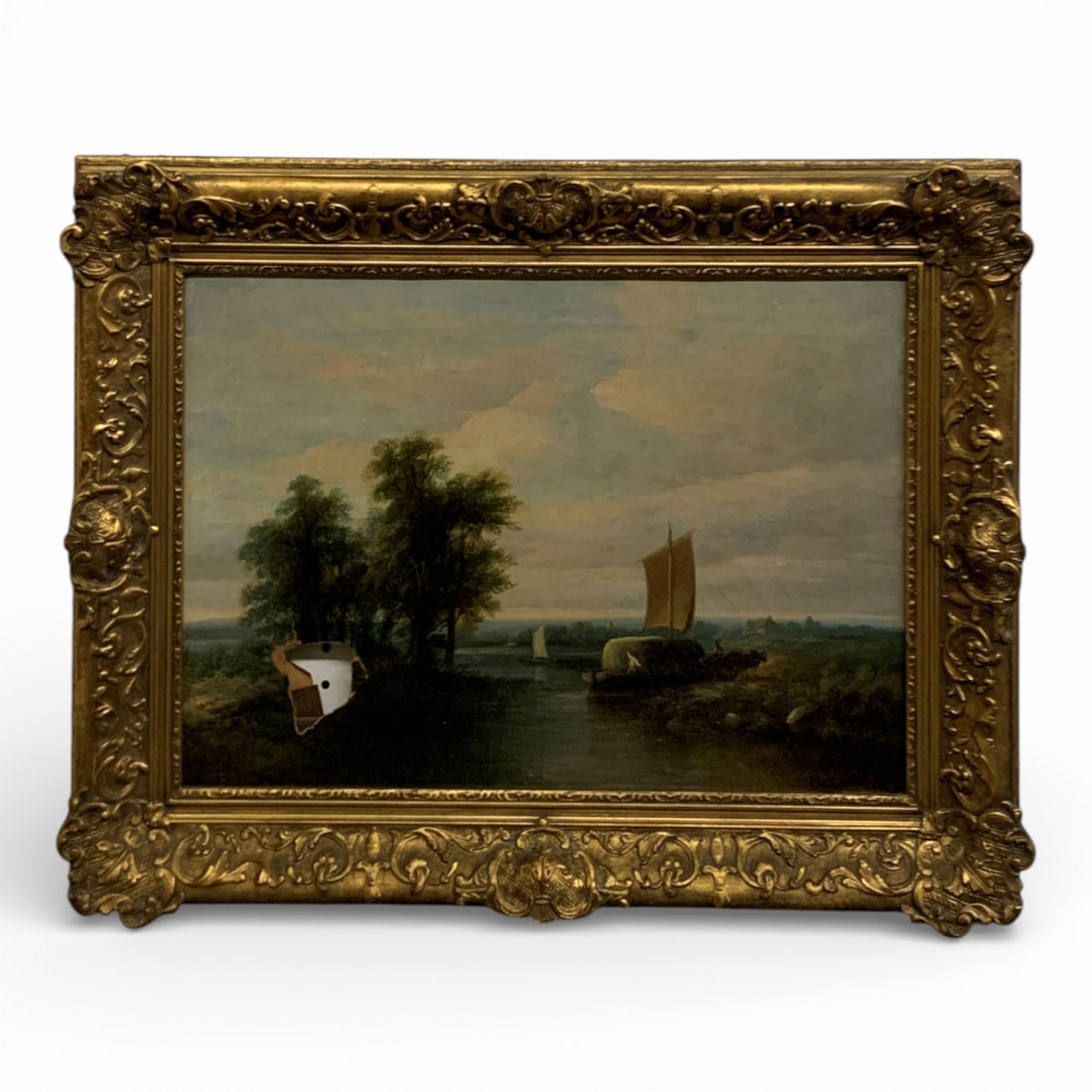George Vincent Oil On Canvas, Trowse Eye: Trowse Eye And River Yare. Signed George Vincent On Reverse. Framed: 19.5" X 25.5". In Gilt FrameShows Damage, Approx. 2" X 2.5" Hole, See Photos.
