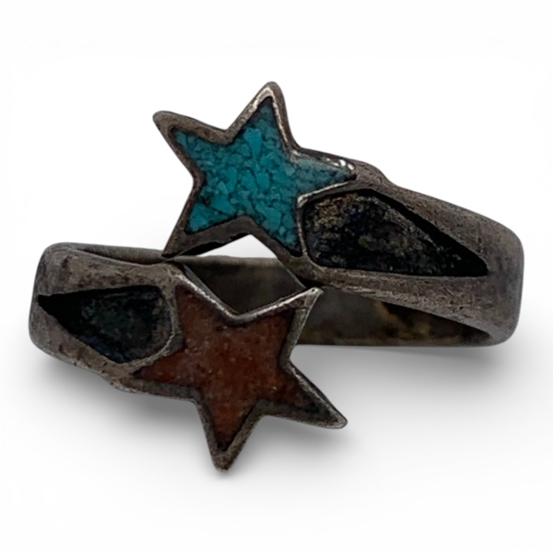 Silver Ring With Blue & Red Stones: Tests Silver - Size 3.5 - 2.1 Grams