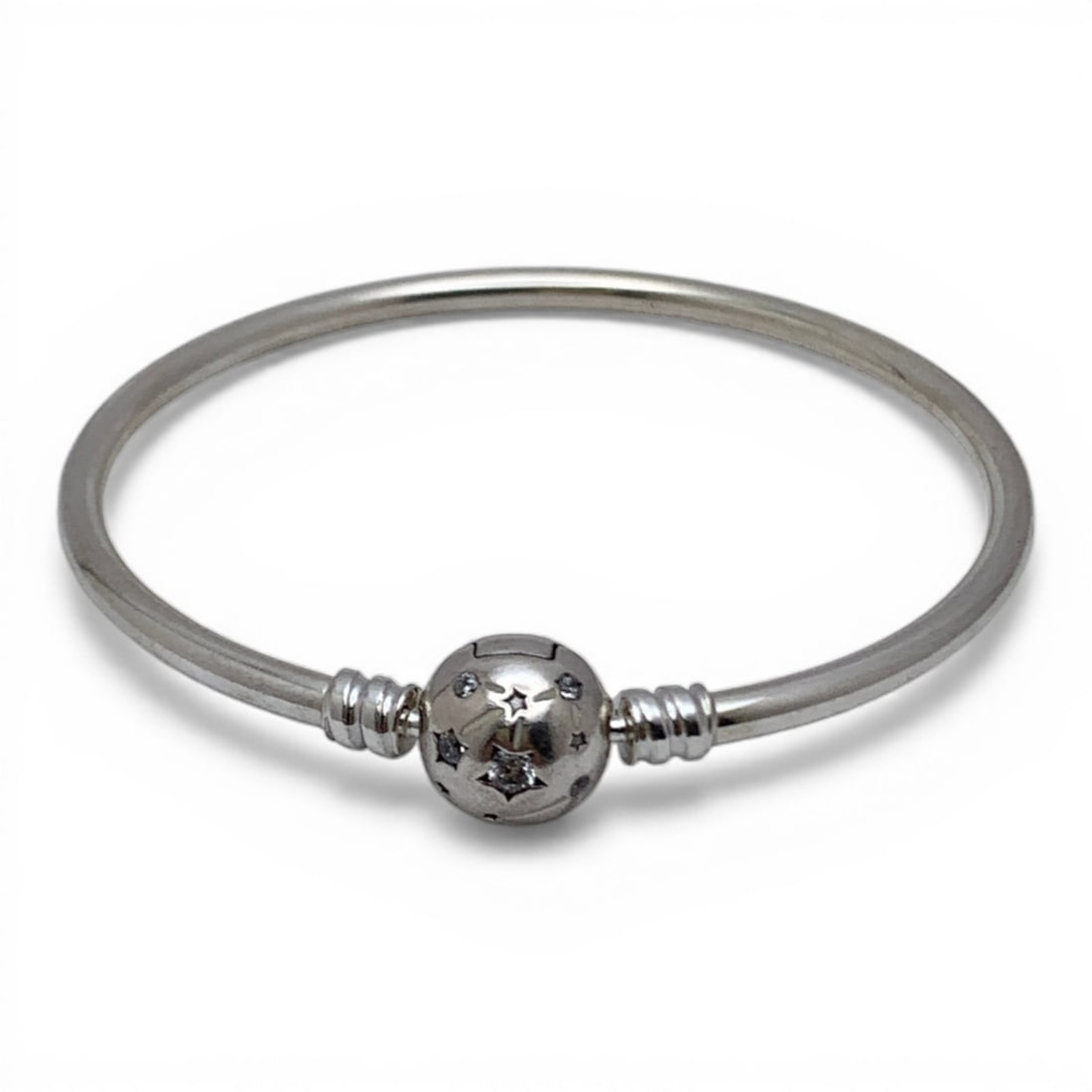 Sterling Silver Bangle Bracelet With Clear Stones: Marked 925 - 2" Inside Width - 8.7 Grams