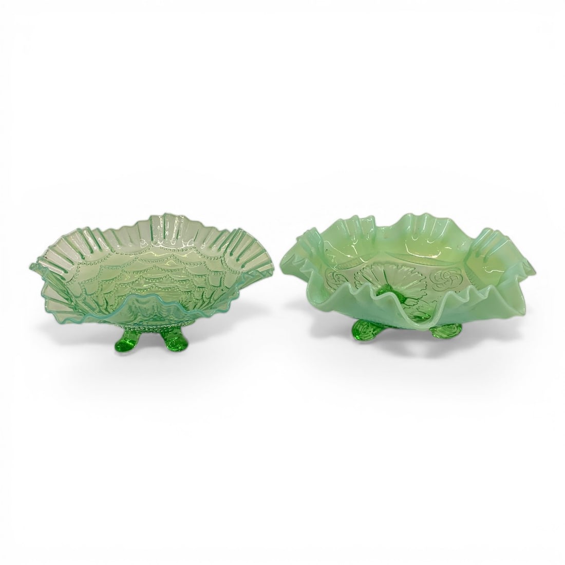 2 Vintage Green Opalescent Glass Bowls: 8.5" And 9" Diameter.