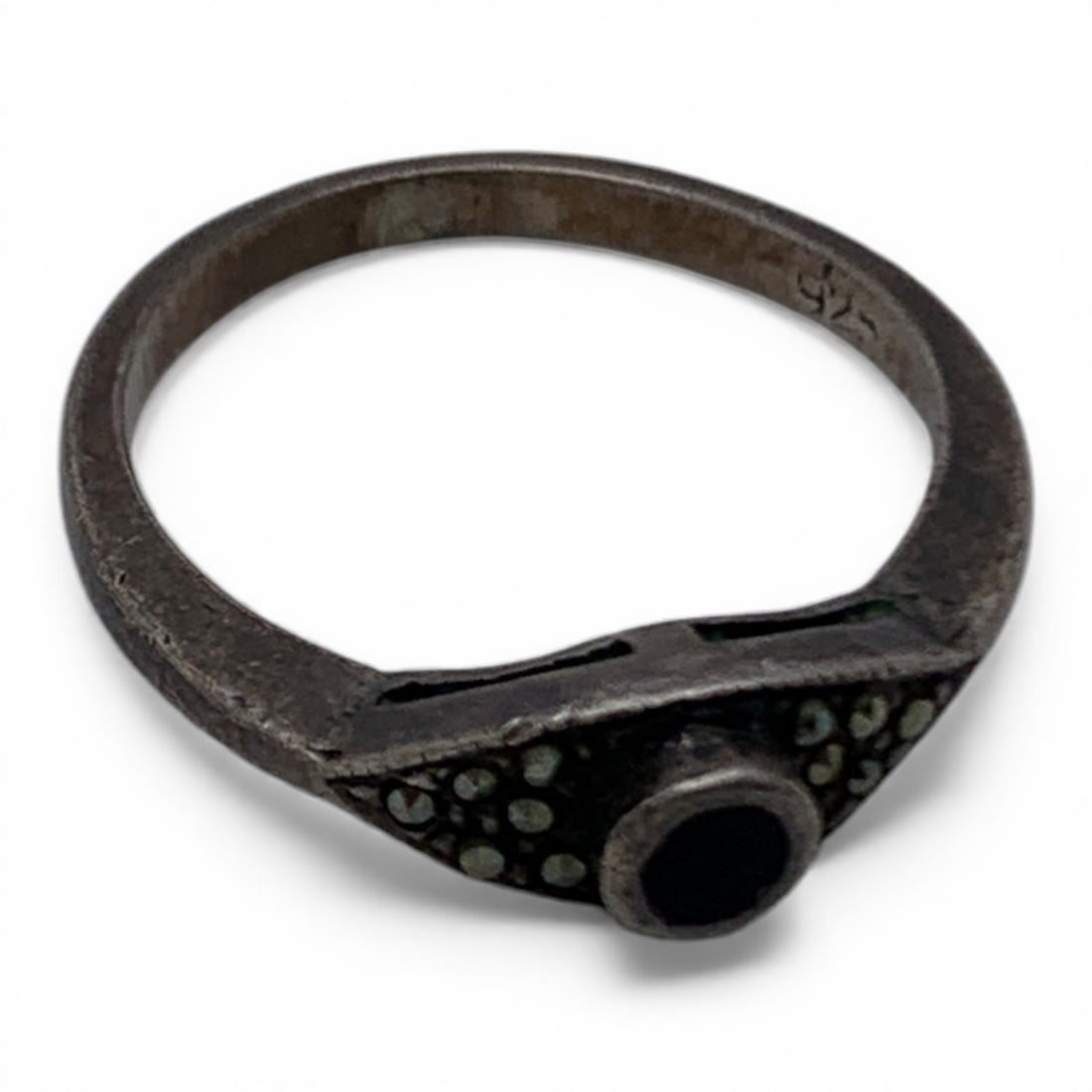 Sterling Marcasite & Black Stone Ring - 4