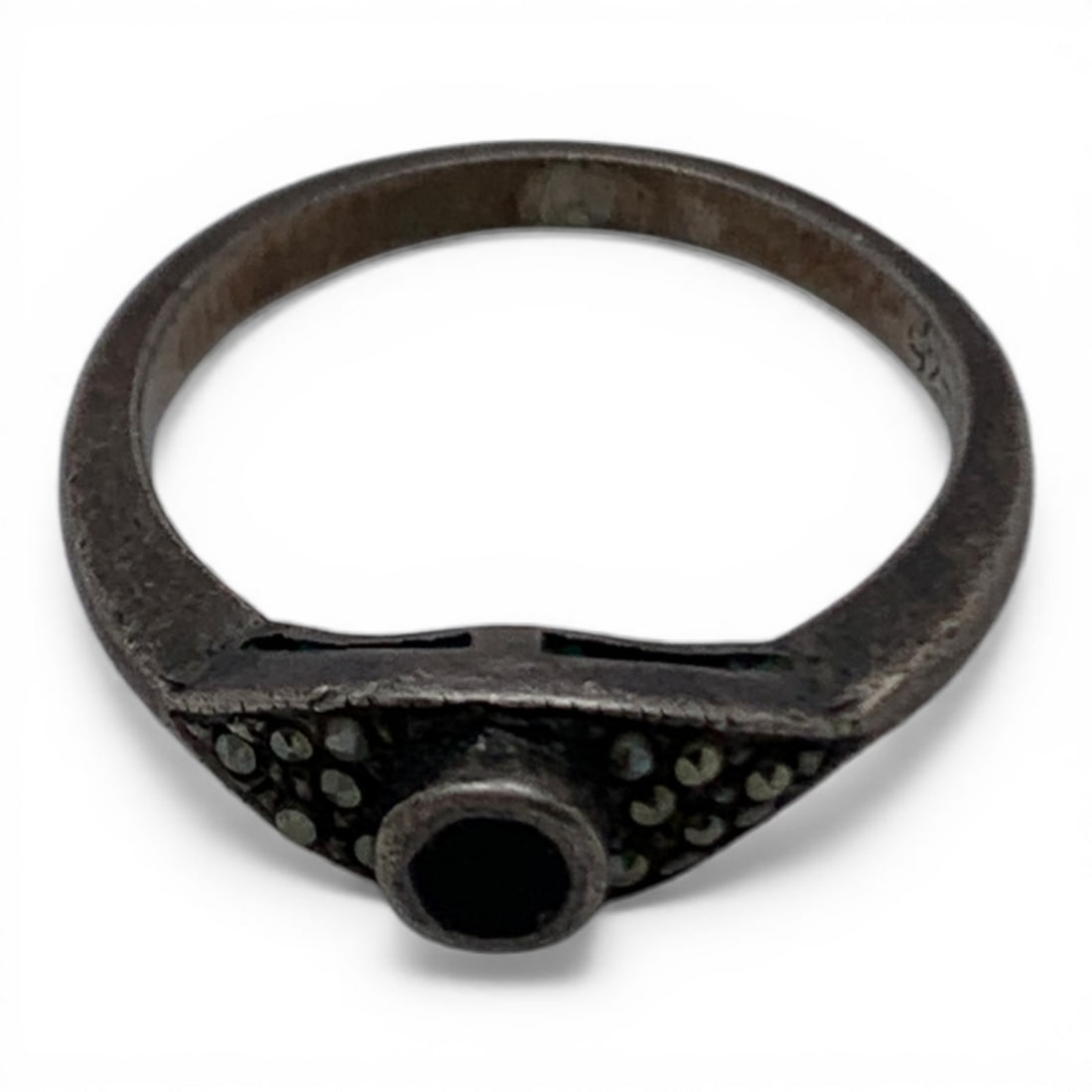 Sterling Marcasite & Black Stone Ring - 5