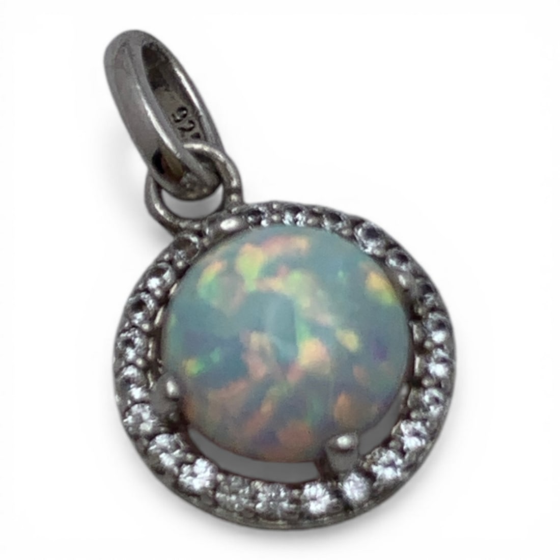 Sterling Pendant With Opal & Clear Stones: Marked 925 - 5/8" Long - 1.1 Grams