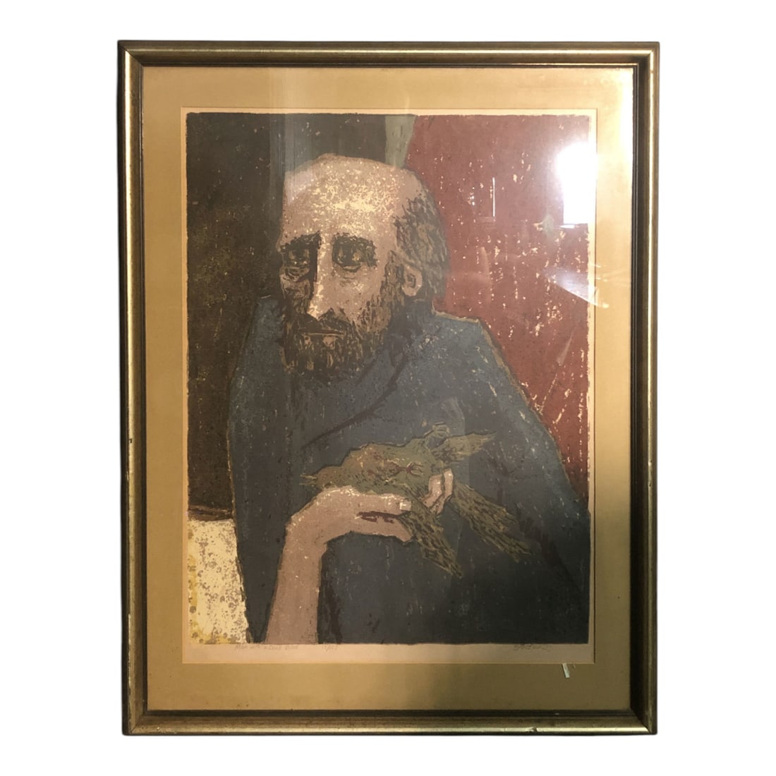 Signed Bartek Print, Man With A Dead Bird: 24" X 18.5" Print. Pencil Signed And Titled: Man With A Dead Bird. 17/107. Bartek 73. Framed & Under Glass: 31.5" X 24.5".