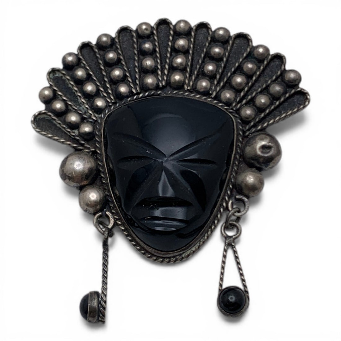 Silver Carved Black Stone Pin - 3