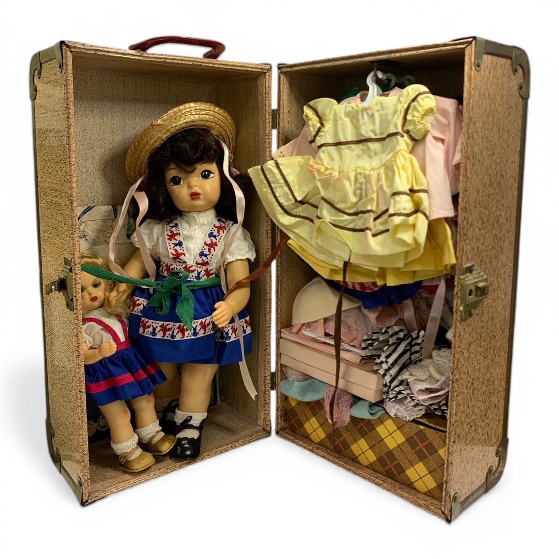 2 Dolls In Trunk With Misc. Clothes: Trunk Measures 19.25" X 10.25" X 10.5".