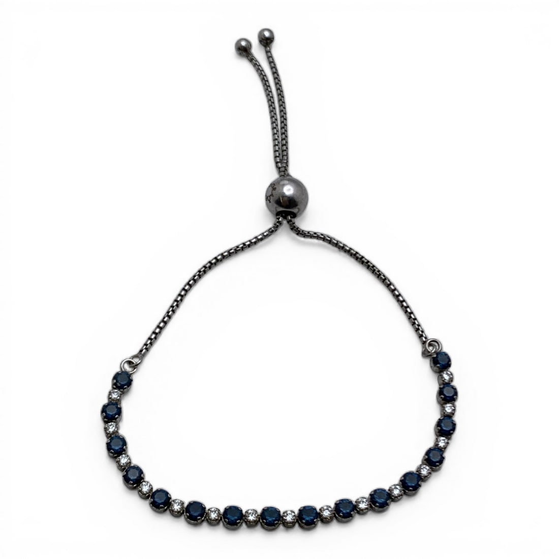 Sterling Adjustable Bracelet W Clear & Blue Stones: Marked 925 - 4 1/2" Long - 2.8 Grams