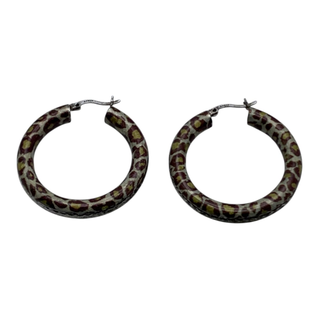 Sterling Silver Cheetah Print Hoop Earrings: Marked 925 - 1 3/8" Long - 8.2 Grams
