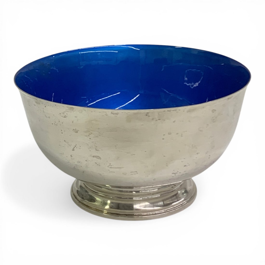 Towle Sterling Silver & Blue Enamel Bowl: Marked On Bottom: Sterling, 523, Towle Silversmiths, Newburyport Massachusetts - 6 7/8" Diameter - 14.665 Ozt Enameling Shows Some Damage & Wear