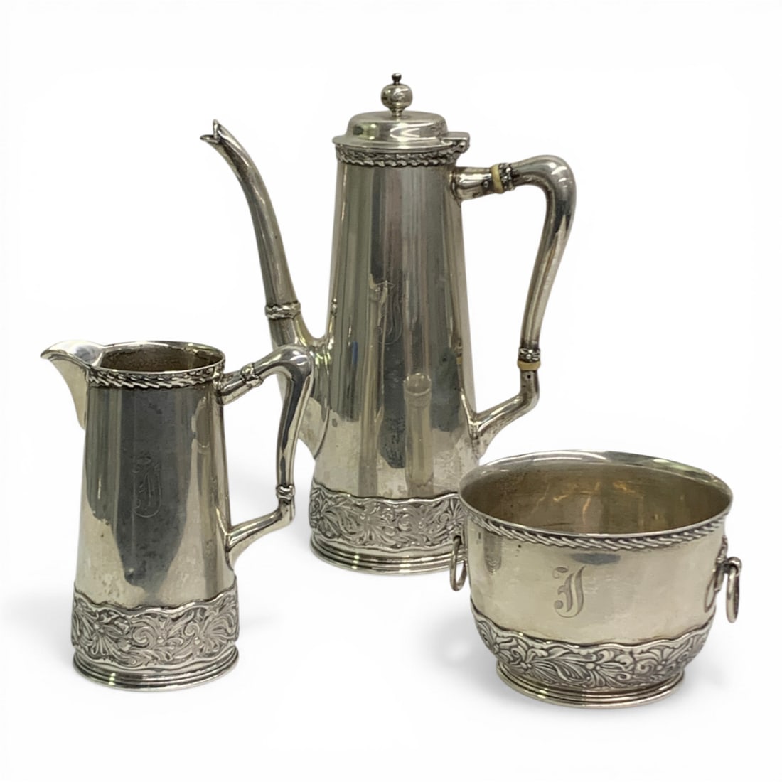 Sterling Silver Chocolate Set: Marked On Bottom: Sterling 5864Sugar Pot: 2 3/8" Tall - 5.185 OztCreamer: 4 3/8" Tall - 4.160 OztChocolate Pot: 7 1/2" Tall - 9.655 Ozt19 Total Ozt