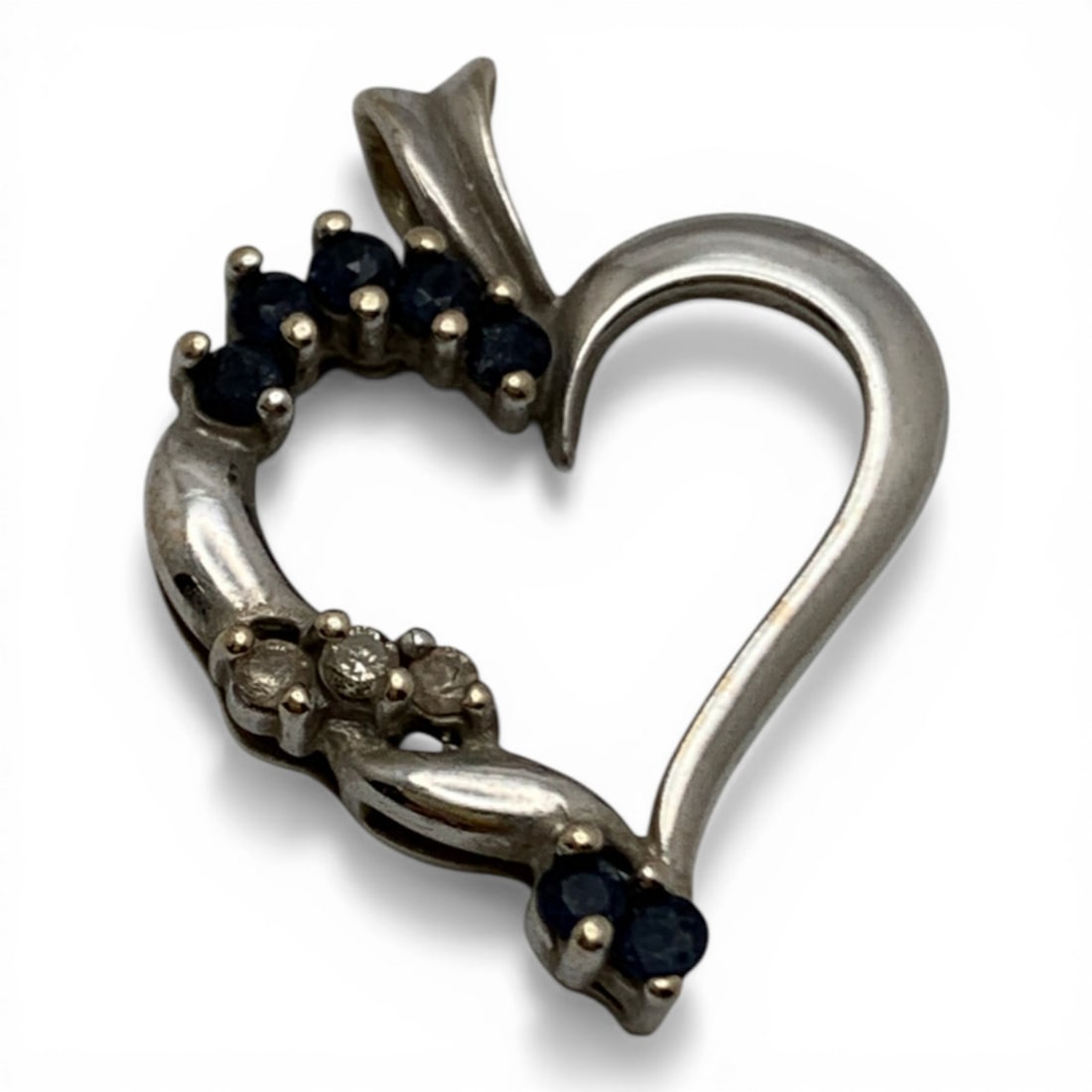 14k White Gold Diamond & Sapphire Heart Pendant: Marked 14k - 1" Long - 1.5 DwtGemstones Tested With Presidium Gem Tester Il - Berners Does Not Guarantee Authenticity Of Gemstones