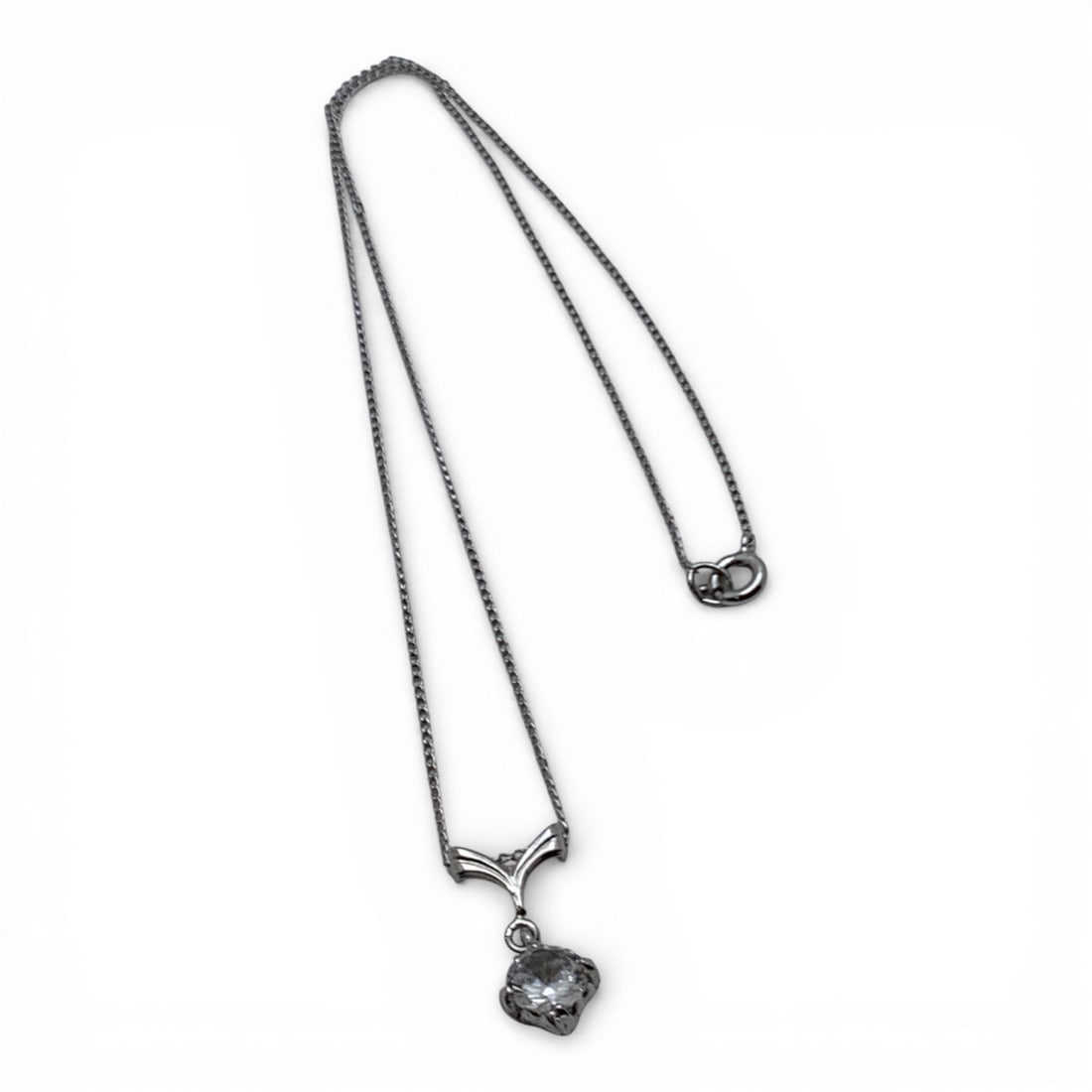 Sterling Silver & Clear Stone Pendant Necklace: Marked Sterling - 15" Long - 1.8 Grams