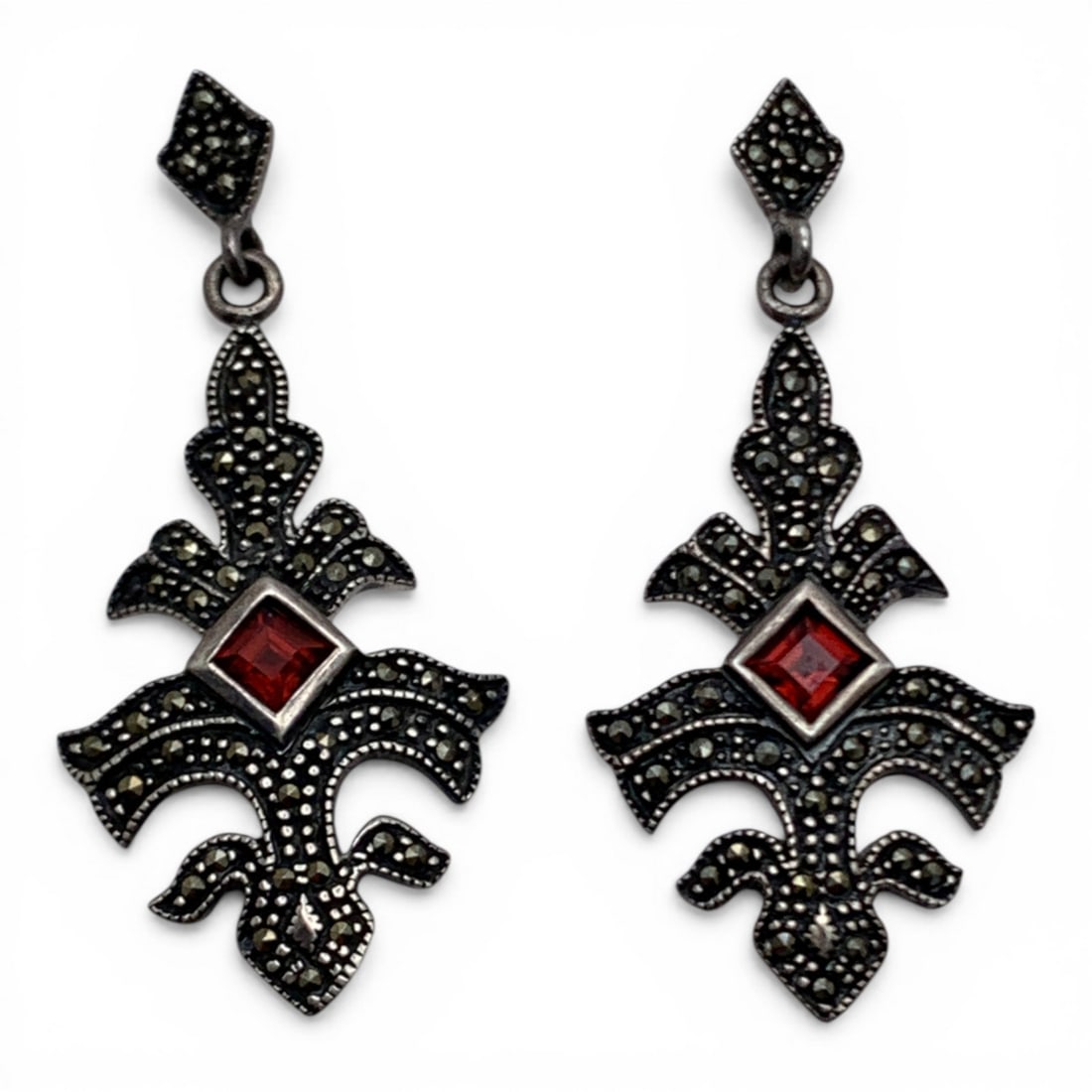Sterling Marcasite & Red Stone Earrings: Marked 925 - 1 3/4" Long - 6.0 Grams