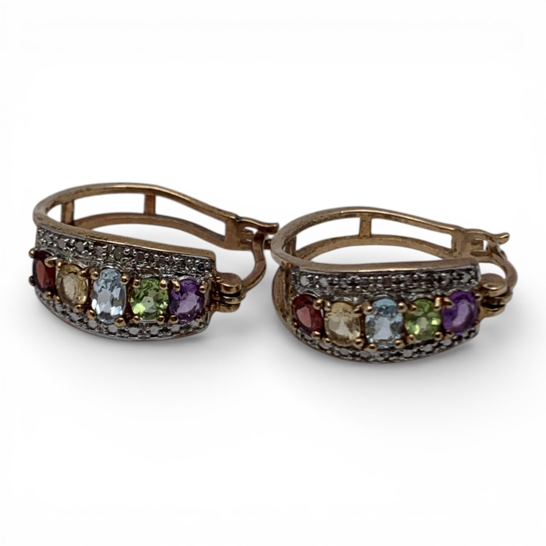 Sterling Gold Tone Earrings W Colored Stones: Marked 925 - 3/4" Long - 4.4 Grams