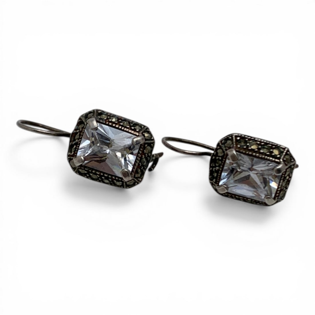 Silver Marcasite & Clear Stone Earrings: Tests Silver - 1" Long - 4.6 Grams