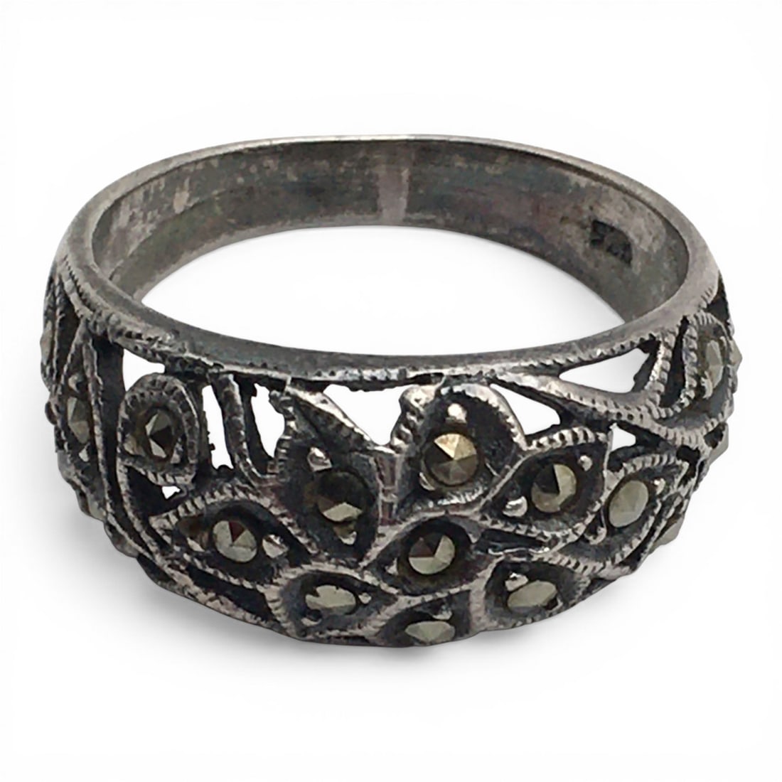 Sterling Silver And Marcasite Ring: Marked 925. 4.5 G. Size 8.5.