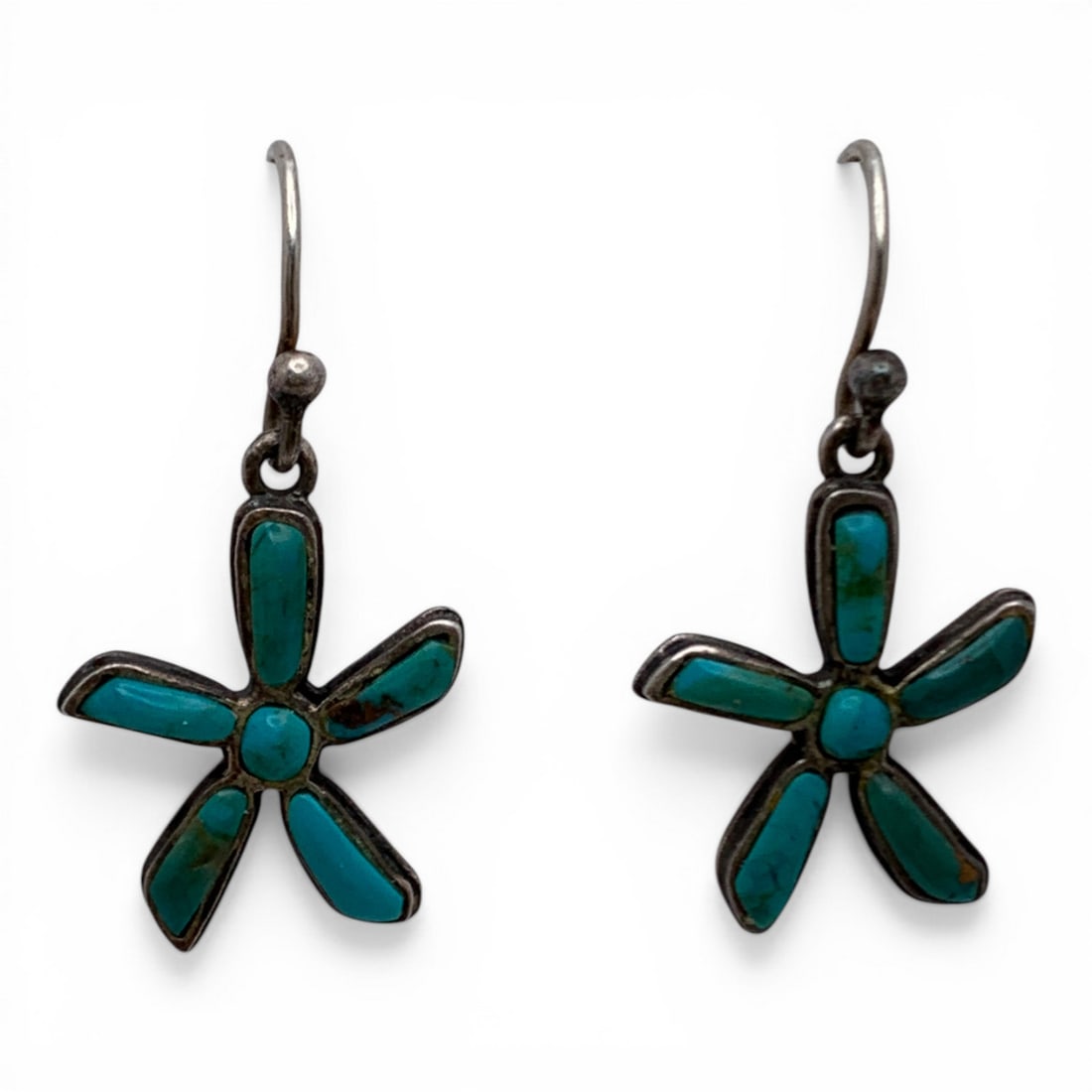 Sterling Silver & Turquoise Earrings: Marked 925 - 1 1/4" Long - 5.0 Grams
