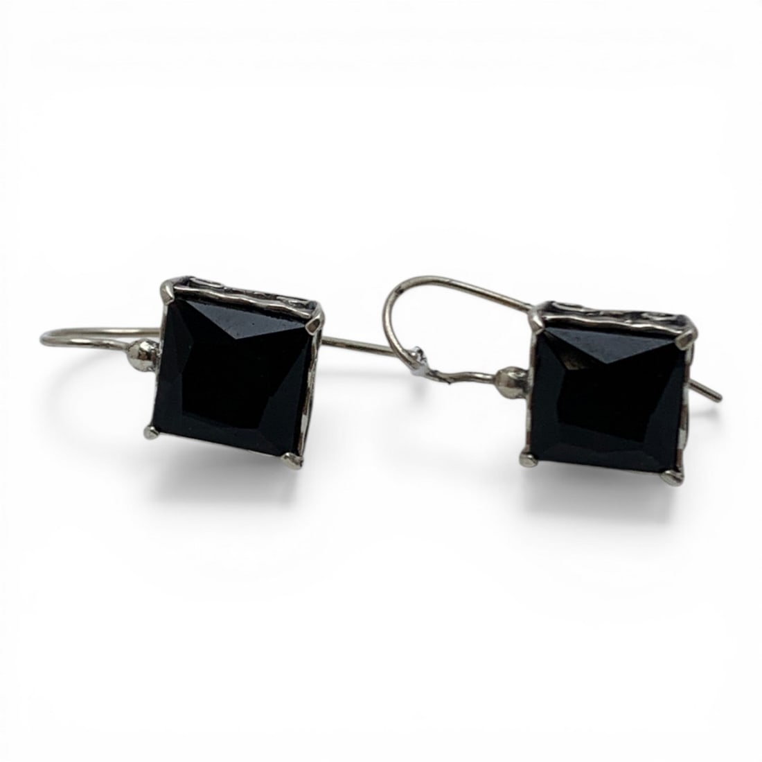 Silver & Black Stone Earrings: Tests Silver - 1 1/4" Long - 6.7 Grams