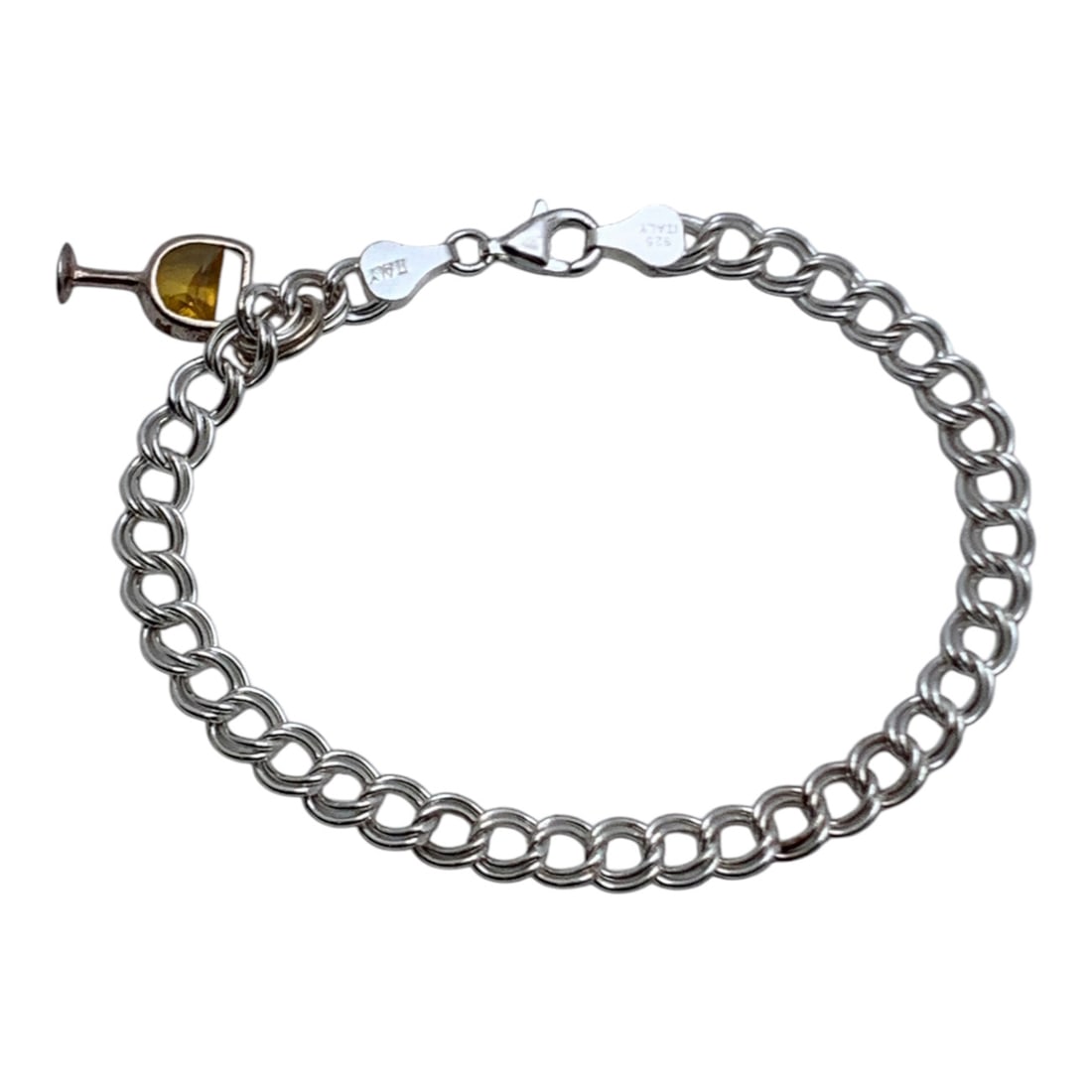 Sterling Silver Bracelet With Wine Glass Charm: Marked 925 - 8" Long - 8.9 Grams
