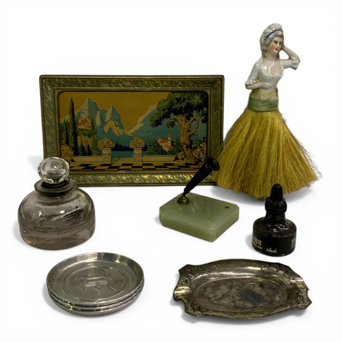 Group Of Vintage Miscellaneous Items: Includes Vintage Metal Trays, Green Onyx Pen Holder, Porcelain Figural Brush & Tin Tray See Photos