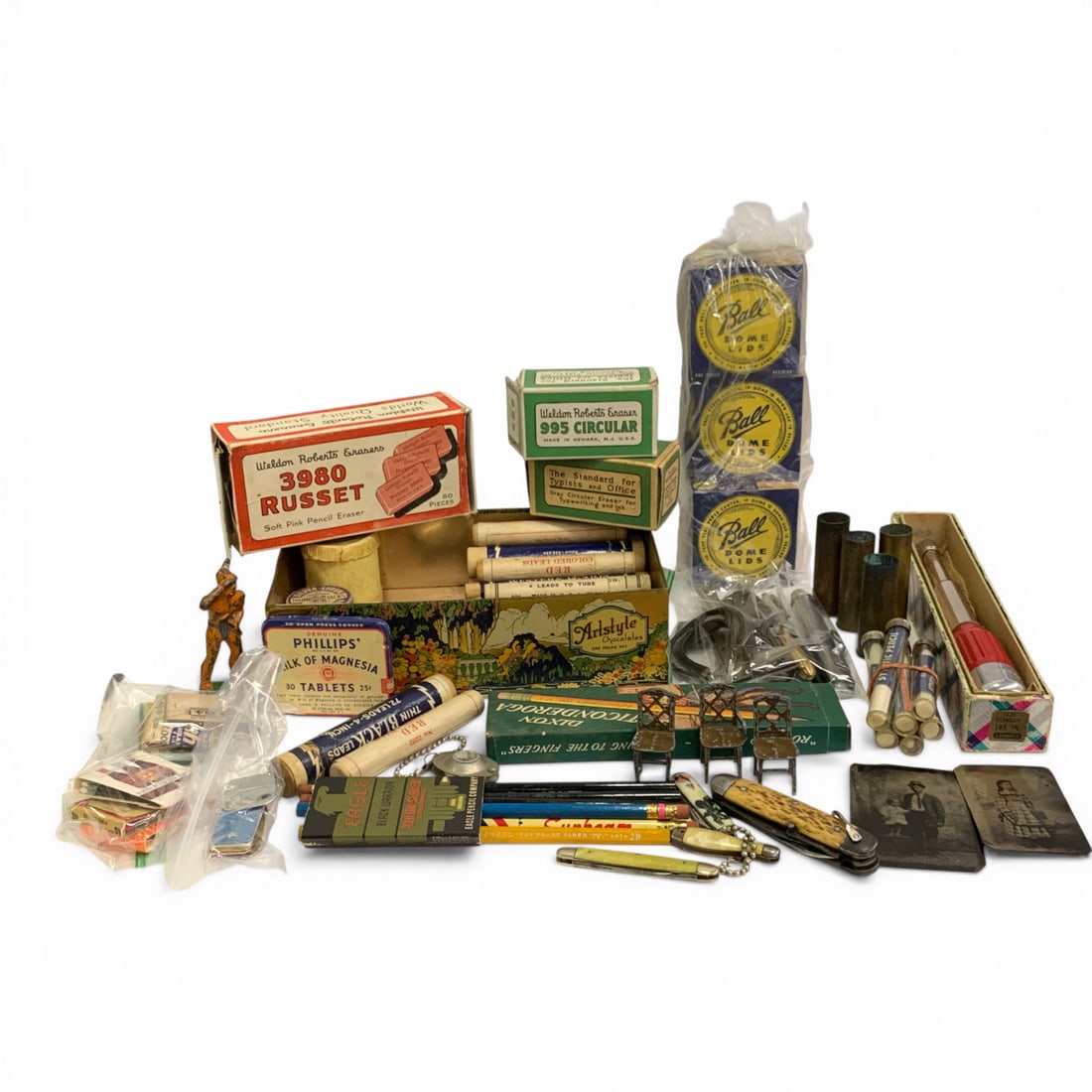 Group Of Vintage Miscellaneous Items: Includes Vintage Ball Dome Lids, Dunlap Wrench, Vintage Pencils & Erasers See Photos