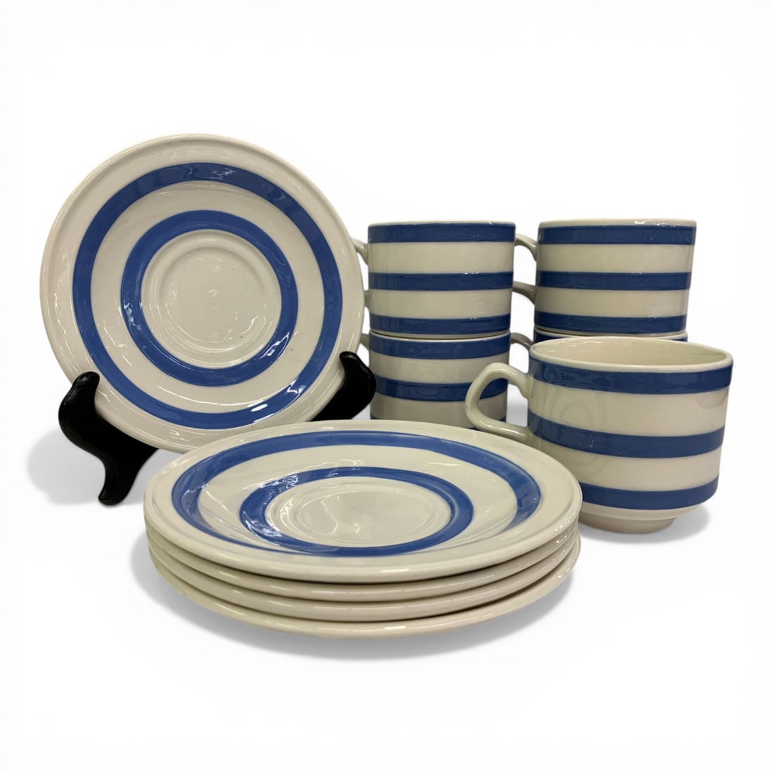 5 Carrigaline Irish Blue Striped Cups & Saucers: Marked On Bottom: Made In Ireland By Carrigaline Pottery. County Cork. 5.75" Diaemter Saucers, Matching Cups.