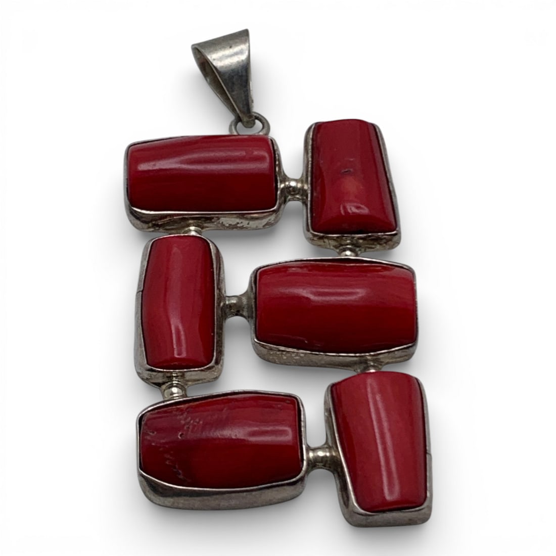 Silver & Red Coral Pendant: Tests Silver - 2 1/2" Long - 16.0 Grams