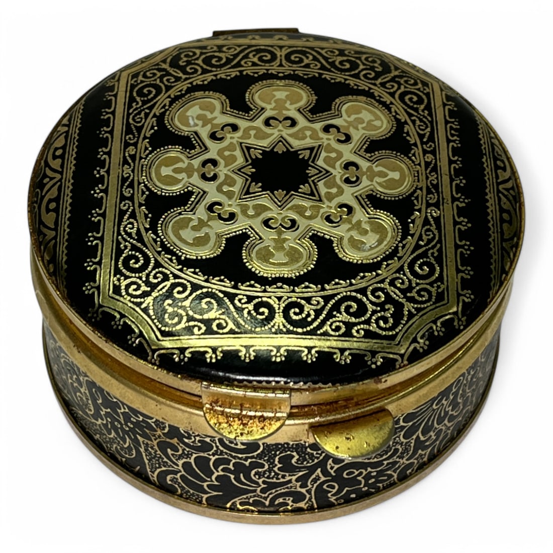 Italian Gilt Decorated Tin Hinged Lid Box: 1.5" Tall X 3.25" Diameter.