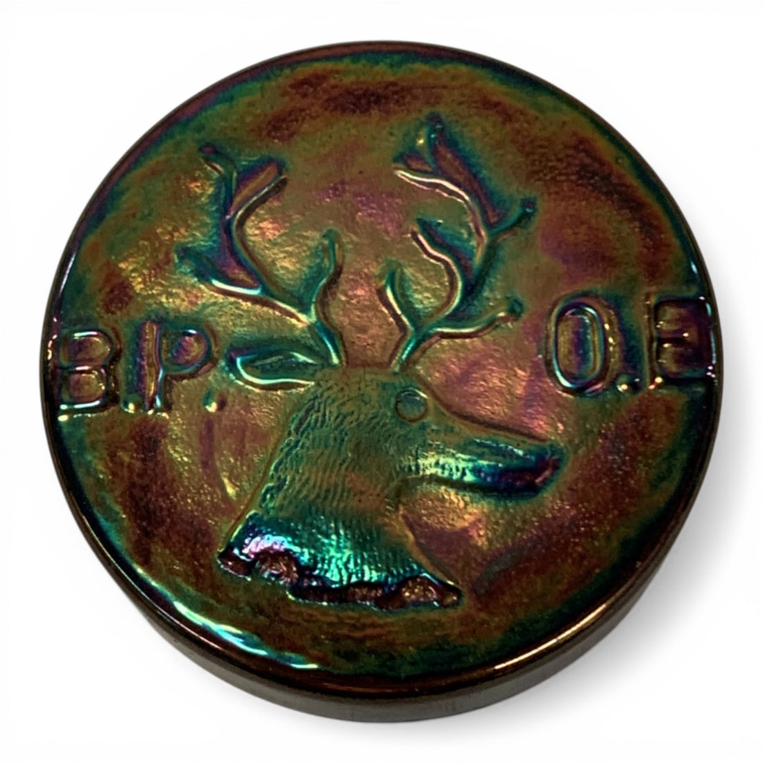 B. P. O. E. Iridescent Art Glass Paper Weight: Deer. 2.5" Diameter.