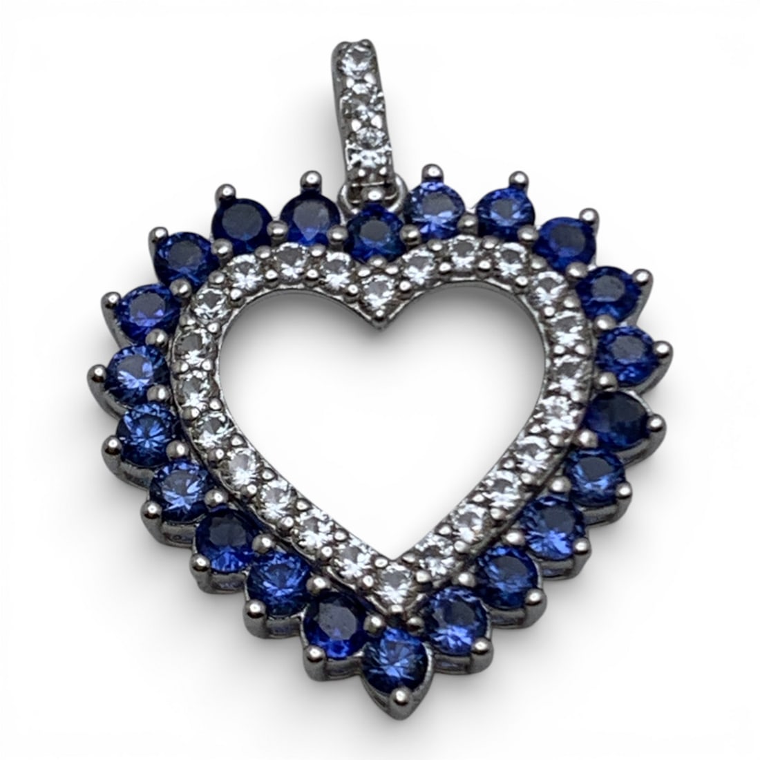 Sterling Silver Pendant W Clear & Blue Stones: Marked 925 - 1 1/8" Long - 3.3 Grams