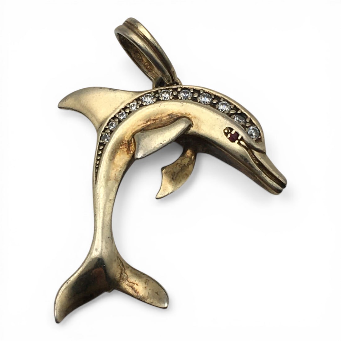 800 Silver Dolphin Pendant With Clear Stones: Marked 800. 12.4 G. 2.25" Long.