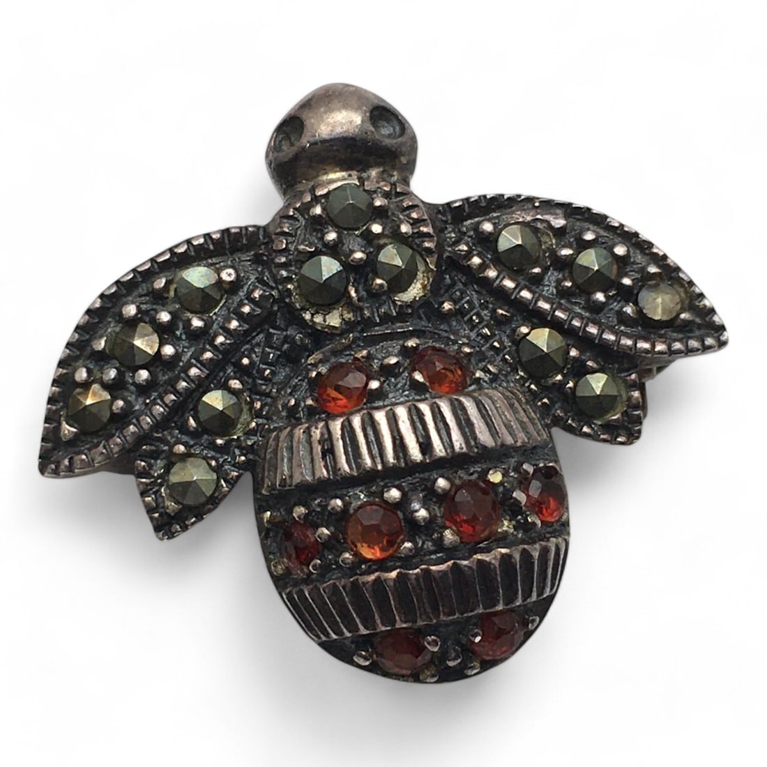 Sterling Silver Bee Pin W Marcasite & Red Stones: Marked 925 - 7/8" Long - 3.3grams