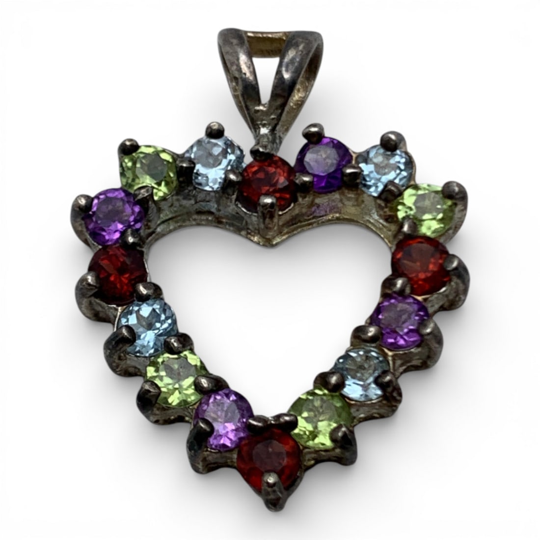 Sterling Heart Pendant W Colored Stones: Marked 925 - 1" Long - 4.1 Grams