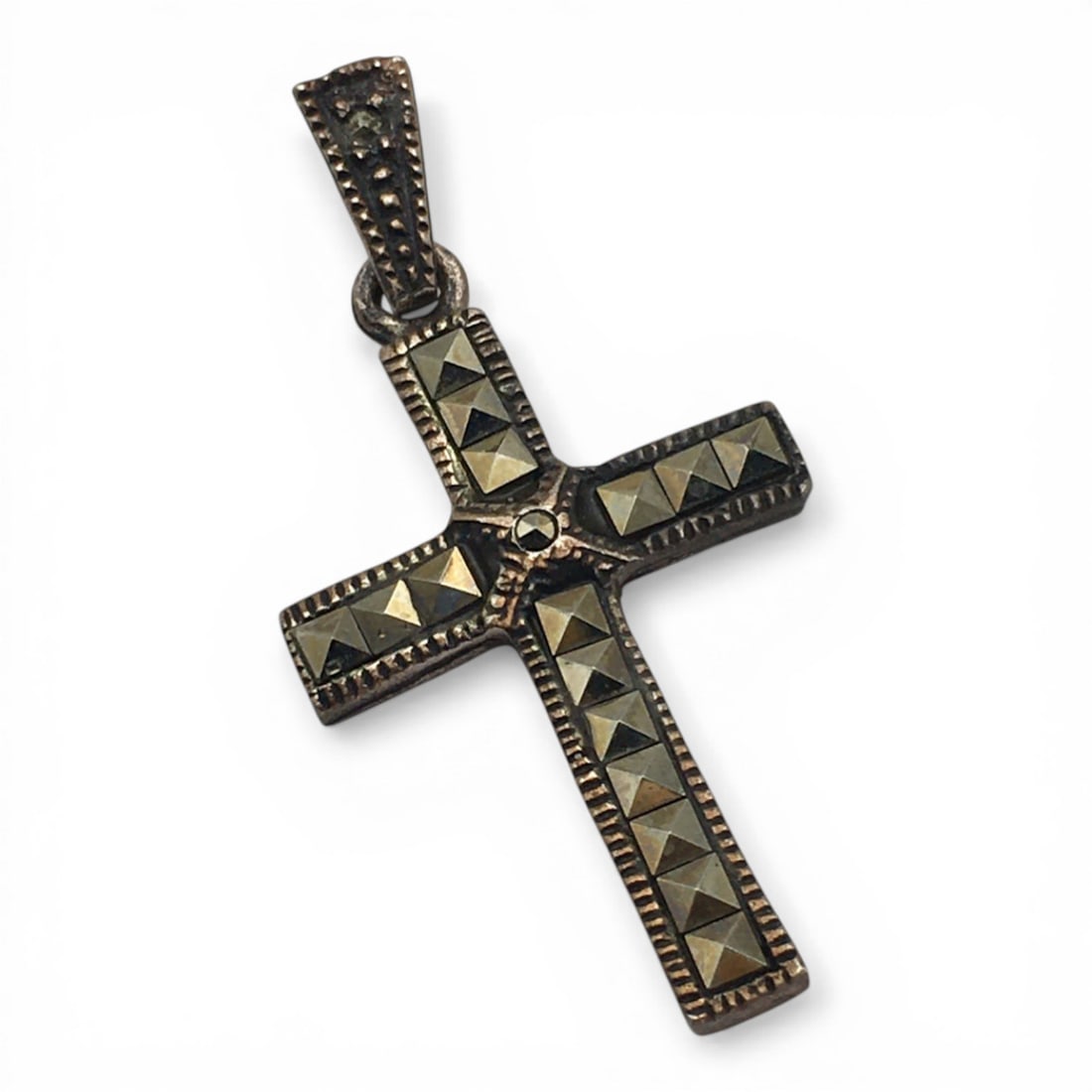 Sterling Silver And Marcasite Cross Pendant: Marked 925. 2.6 G. 1.5" Long.