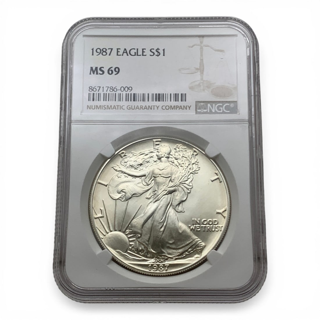 Ngc Graded 1987 American 1oz. Silver Eagle: Ms 69 - 1oz. Fine Silver~ One DollarIn Pcgs Graded Case