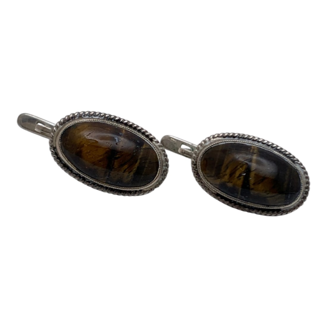 875 Silver & Tiger's Eye Earrings: Marked 875 - 1 1/8" Long - 10.3 Grams