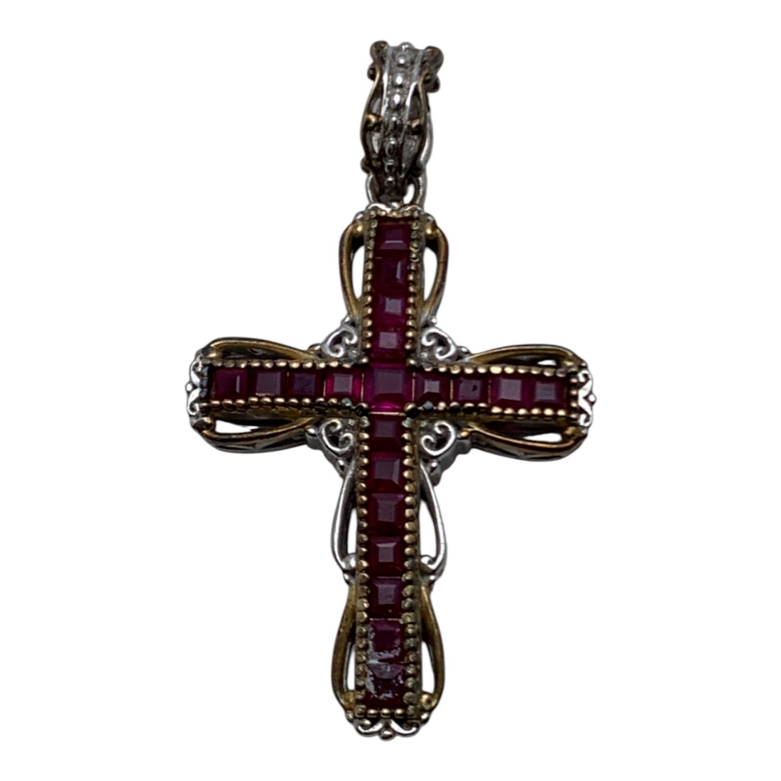 Sterling Silver Cross Pendant With Rubies: Marked 925 - 1 3/4" Long - 5.5 Grams