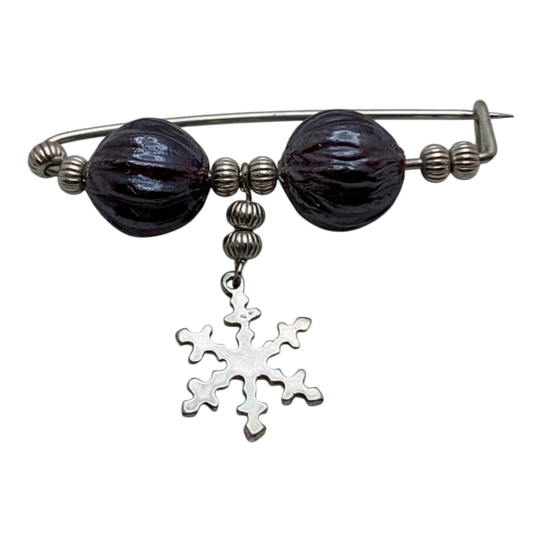 Silver Safety Pin Iwth Glass Stones & Charm: Tests Silver - 2 1/8" Long - 9.6 Grams