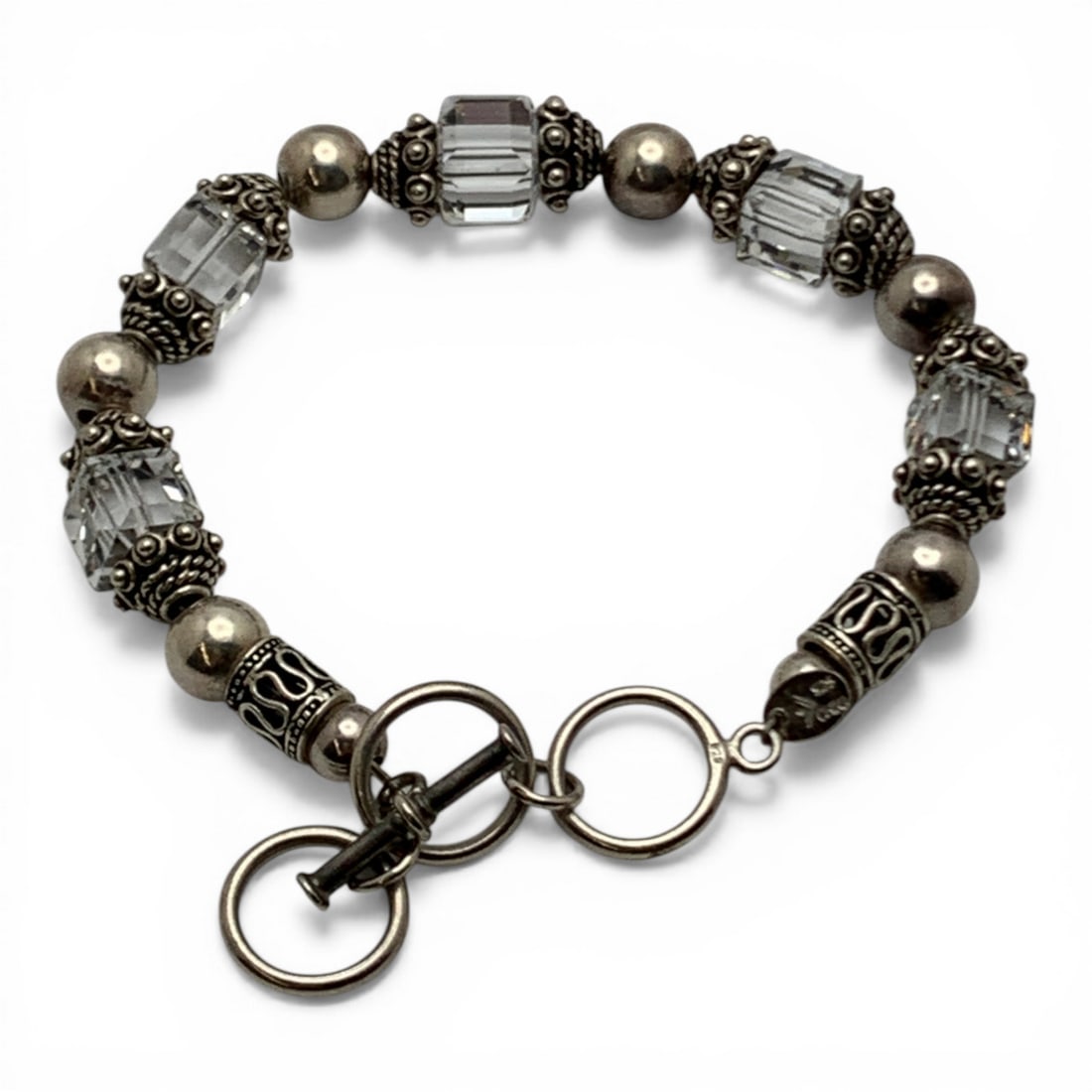 Sterling Silver & Glass Bead Bracelet: Marked 925 - 8 3/4" Long - 25.2 Grams