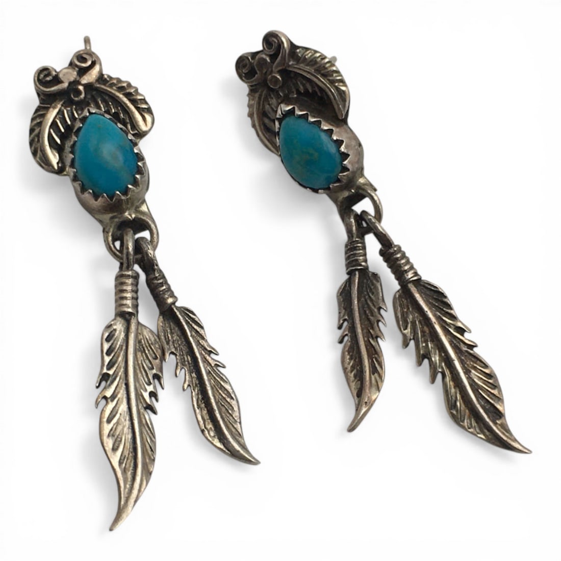 Sterling Silver Feather Earrings With Blue Stone: Marked 925 - 4.4g - 1 5/8" Long