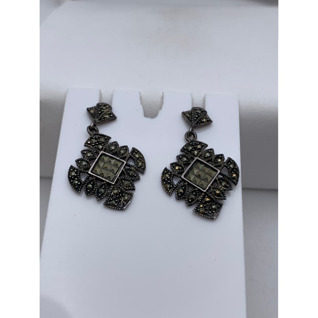 Sterling Silver & Marcasite Earrings: Marked 925 - 1 1/4" Long - 4.2 Grams