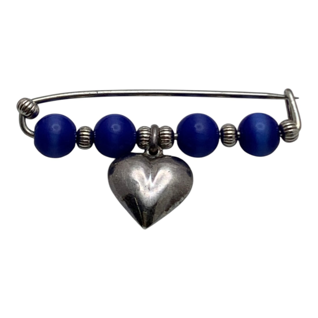Silver Pin With Blue Stone & Heart Charm: Tests Silver - 2" Long - 6.9 Grams